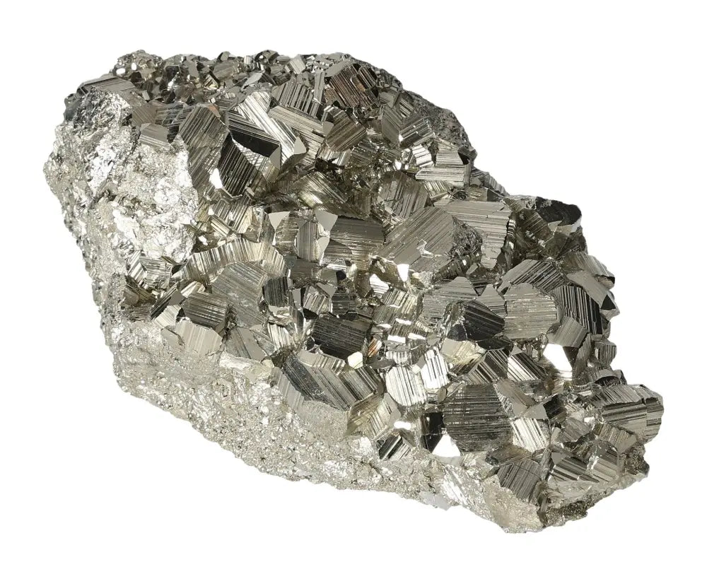Superior quality pyrite cluster with natural cubic formations and metallic luster, showcasing geometric brilliance.