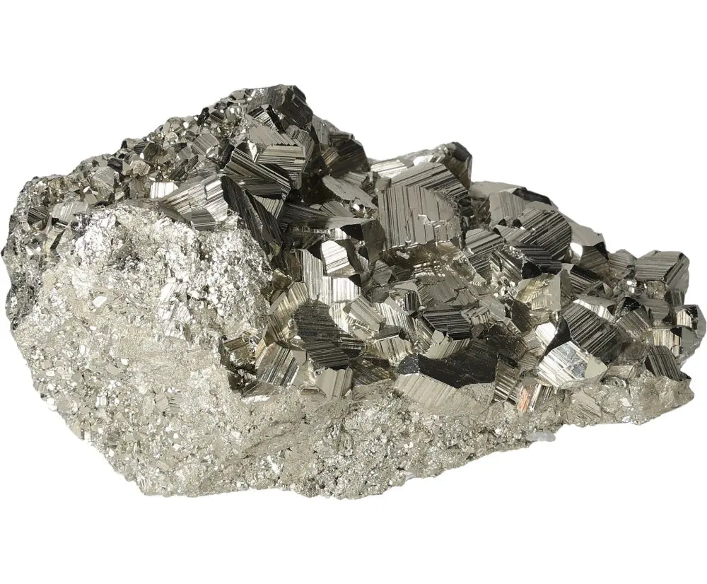 Superior quality pyrite cluster with geometric metallic formations and shimmering brilliance.
