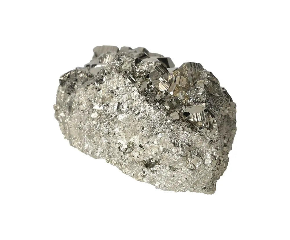 Superior Quality Pyrite Cluster with geometric formations and metallic luster on white background
