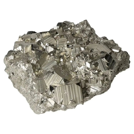 Superior quality pyrite cluster with geometric formations and metallic luster, showcasing natural elegance and geological beauty.