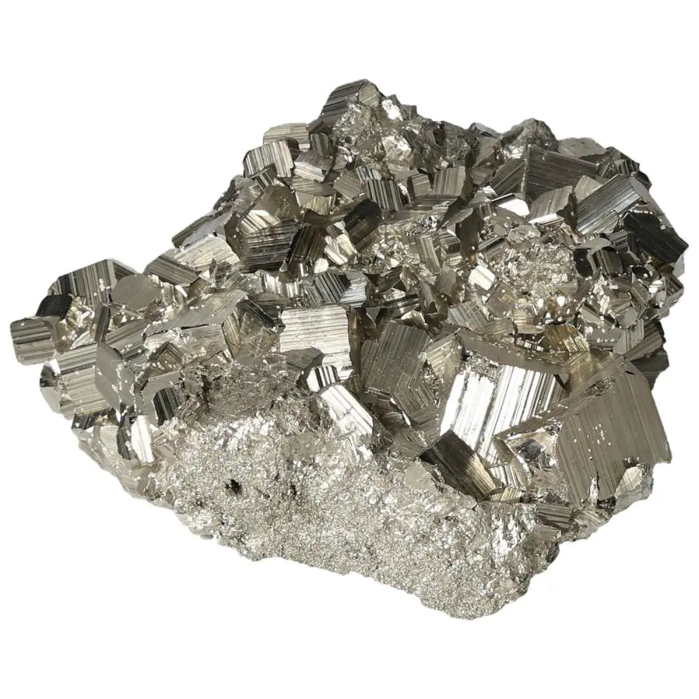 Superior quality pyrite cluster with geometric formations and metallic luster, showcasing the mineral's natural elegance.