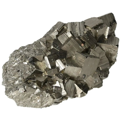 Superior quality pyrite cluster showcasing metallic luster and intricate cubic formations for decorative and educational purposes.