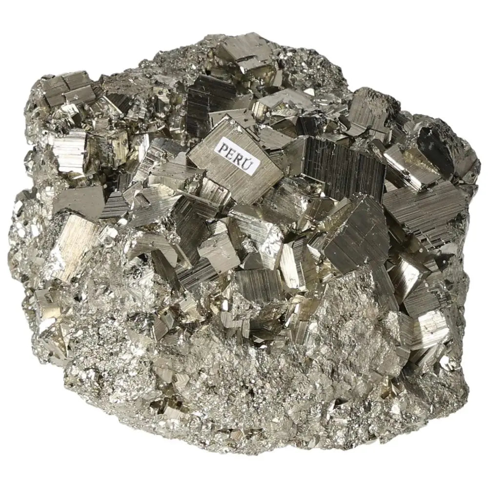 Superior Quality Pyrite Cluster with geometric metallic luster, sourced from Peru, showcasing cubic formations and sculptural elegance.