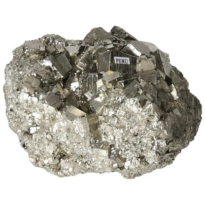 Superior quality pyrite cluster with geometric metallic luster and cubic formations from Peru
