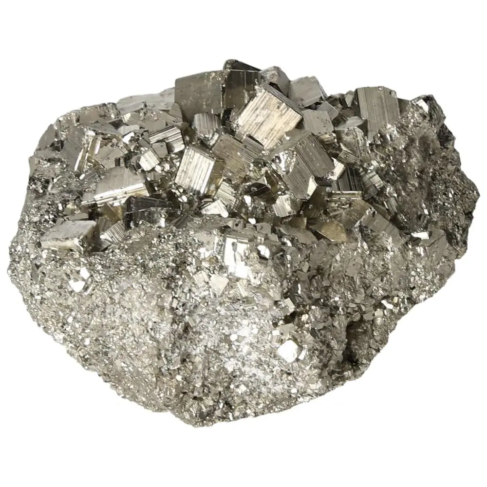 Superior quality pyrite cluster with metallic luster and geometric formations for elegant natural decor.