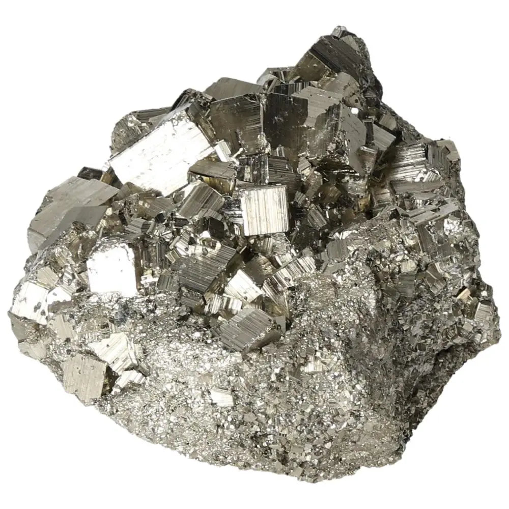 Superior quality pyrite cluster with cubic formations, showcasing metallic luster and geometric brilliance in natural form.