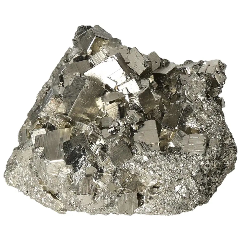 Superior quality pyrite cluster with metallic luster and geometric formations, showcasing natural cubic brilliance.