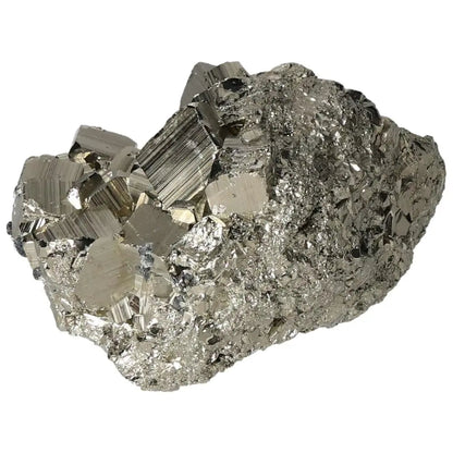 Superior quality pyrite cluster with shiny cubic formations and metallic luster, showcasing natural geometric beauty.
