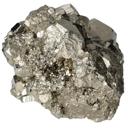 Close-up of a superior quality pyrite cluster with geometric cubic formations and metallic luster.
