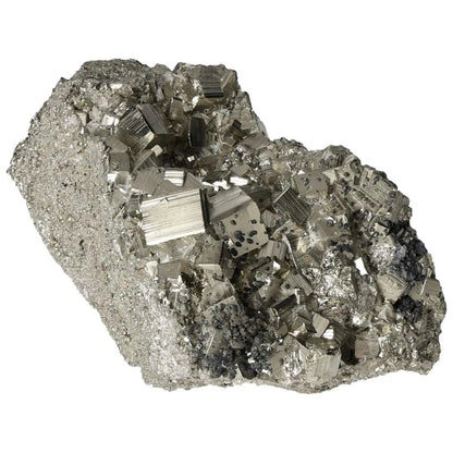 Superior quality pyrite cluster with geometric cubic formations and metallic luster.