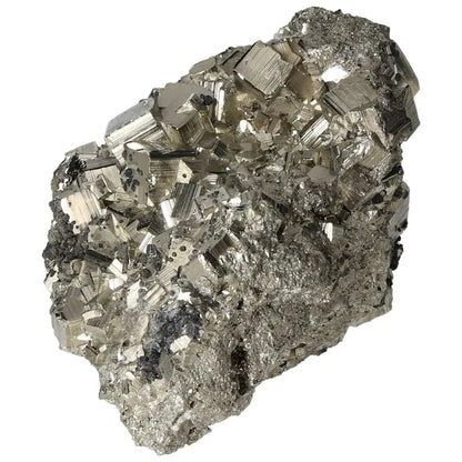 Superior Quality Pyrite Cluster with geometric brilliance, showcasing metallic luster and intricate cubic formations.