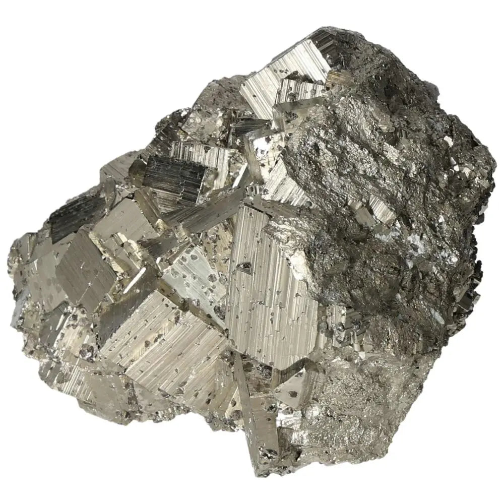 Superior quality pyrite cluster with natural cubic formations and metallic luster, showcasing geometric brilliance.