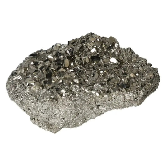 Superior Quality Pyrite Cluster with geometric formations and metallic luster.