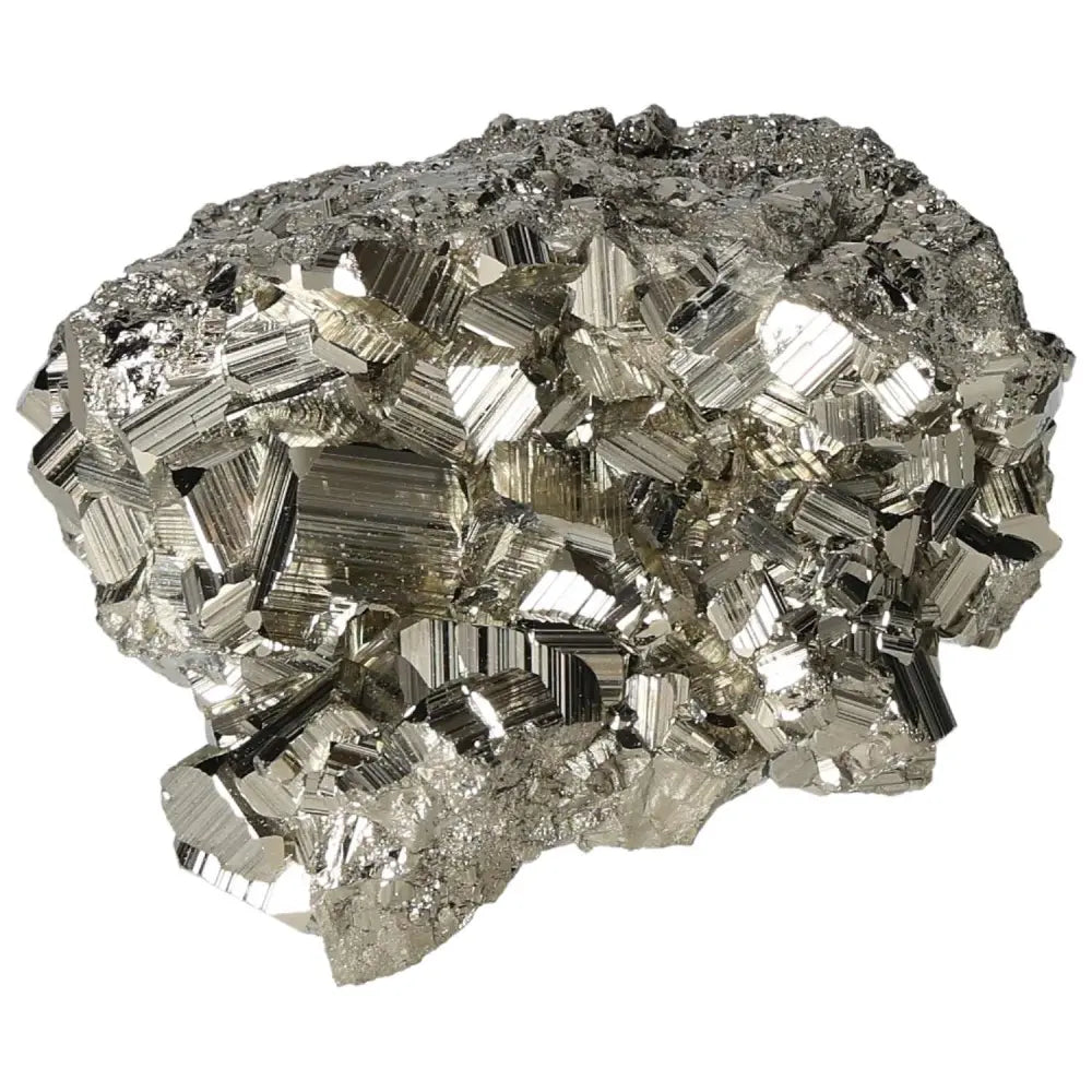 Superior Quality Pyrite Cluster showcasing cubic and geometric formations with metallic luster, ideal for collectors and decor enthusiasts.