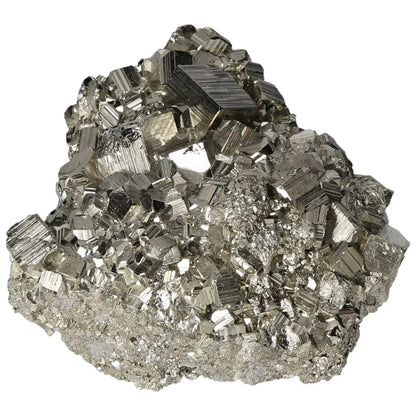 Superior Quality Pyrite Cluster with natural cubic formations and metallic luster, showcasing geometric brilliance and intricate detail.