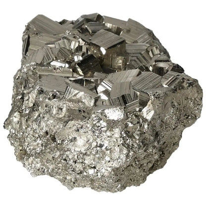 Superior Quality Pyrite Cluster with geometric formations and metallic luster.