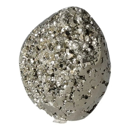 Superior Quality Pyrite Egg with shimmering metallic luster and geometric formations, showcasing natural elegance and intricate details.