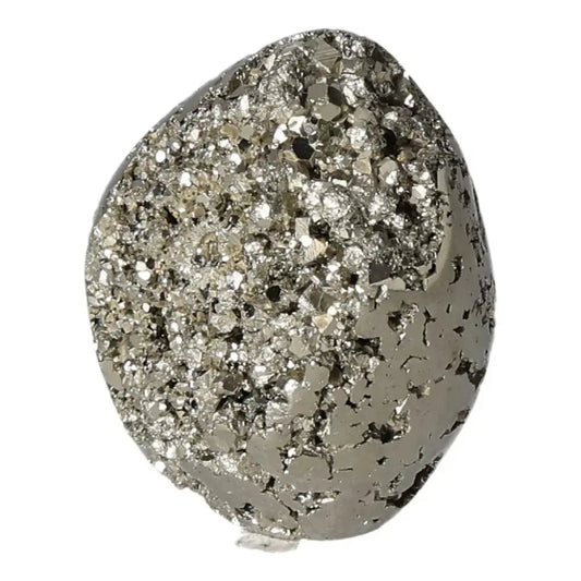 Superior Quality Pyrite Egg with shimmering metallic luster and geometric formations, showcasing natural elegance and intricate details.