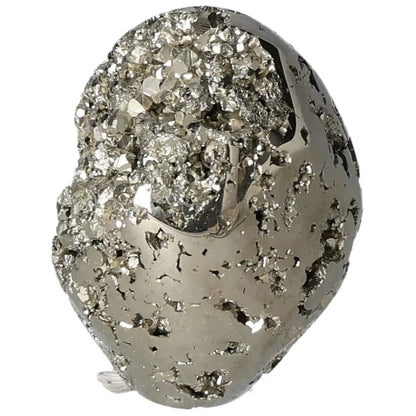 Superior quality pyrite egg with shimmering cubic formations and metallic luster, showcasing geometric brilliance and natural elegance.