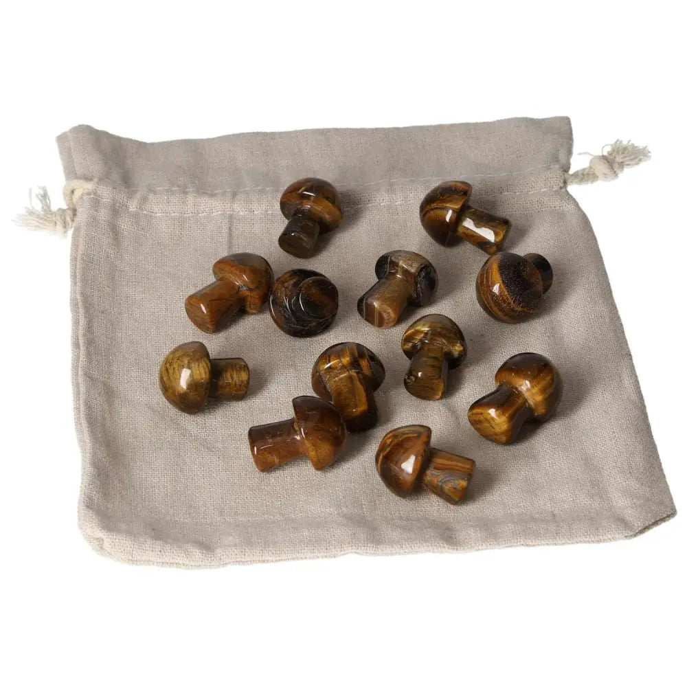 Tiger's Eye small mushroom stones on a cloth pouch for grounding and mental clarity enhancement.