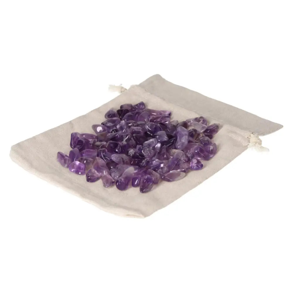 Tumbled Amethyst stones in a cloth bag enhance concentration, reduce stress, and provide energy boost for emotional stability.