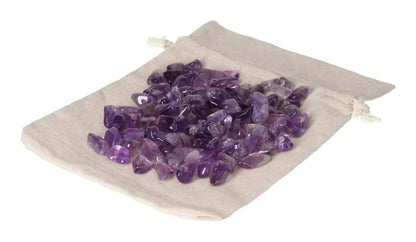 Small bag of tumbled amethyst stones for stress relief and energy boost, enhancing concentration and emotional stability.