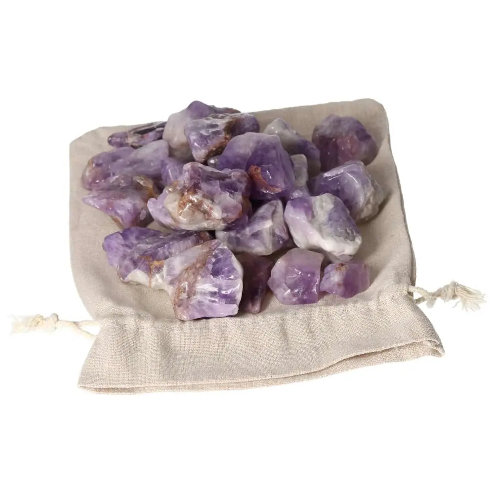 Tumbled Chevron Amethyst stones with deep purple and white bands in a pouch, premium Sylvia Crystals collection item.