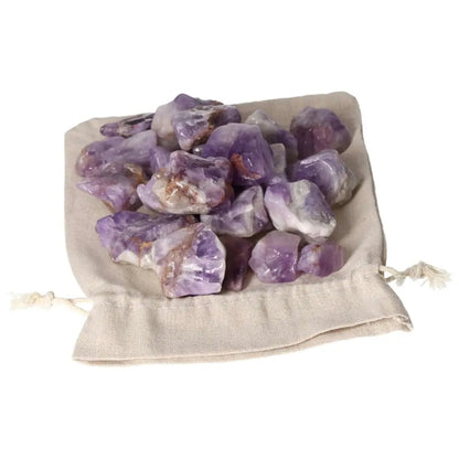 Tumbled Chevron Amethyst stones with deep purple and white bands in a pouch, premium Sylvia Crystals collection item.