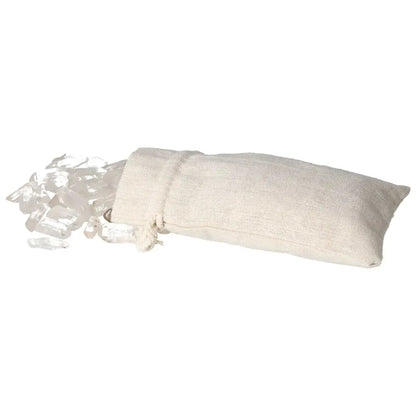 Assorted tumbled clear quartz points with linen pouch, ideal for energy cleansing and harmonizing in spiritual practices.