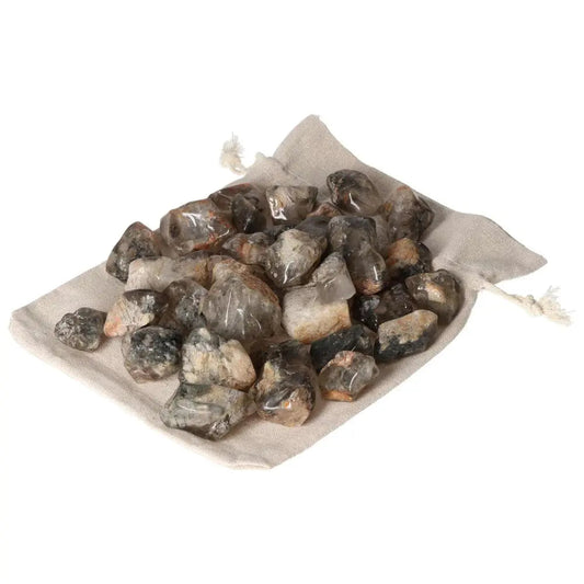 Tumbled Lodolite stones on a drawstring bag, 1KG 30PCS, from Sylvia Crystals, ideal for luxury and spiritual connection.