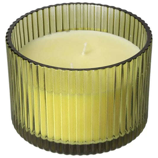 Tuscan Fig Scented Candle in ribbed glass jar, exuding fig aroma with amber, sandalwood, and green notes by Sylvia Crystals.