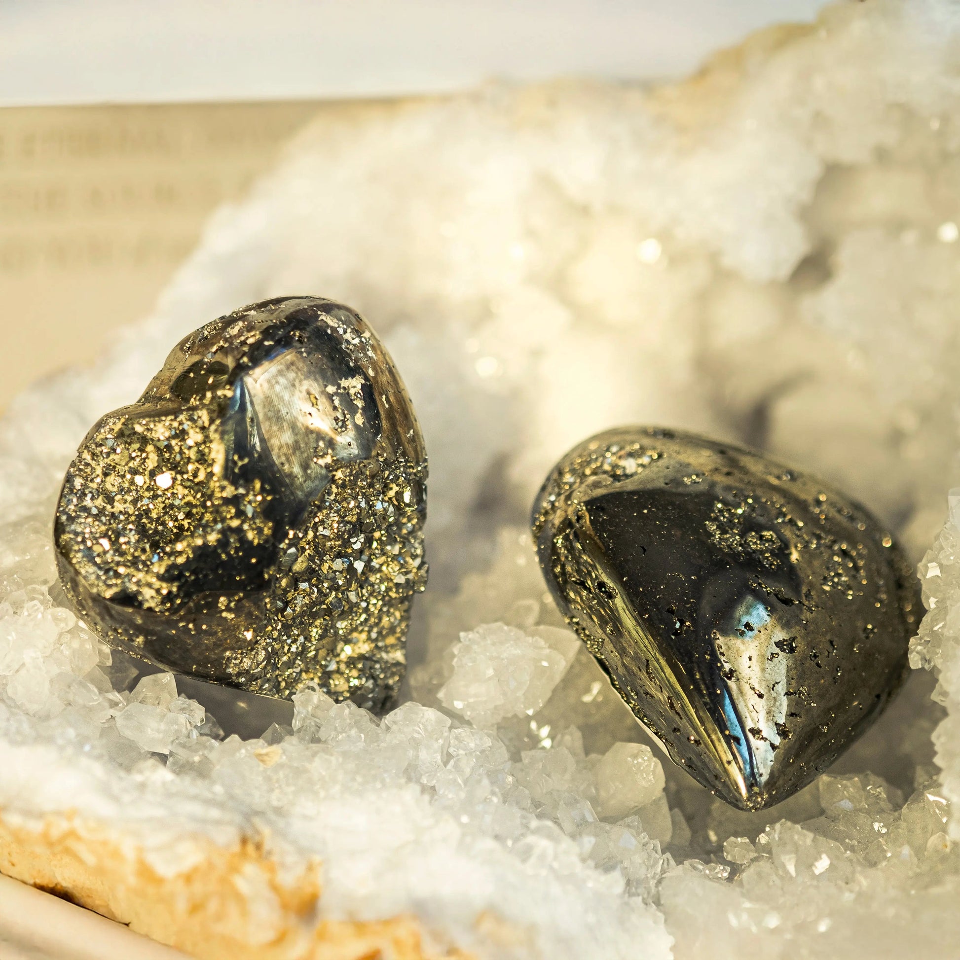 Valentine's Day Quartz Geode Box featuring two pyrite hearts nestled in sparkling quartz, symbolizing love and positive energy.
