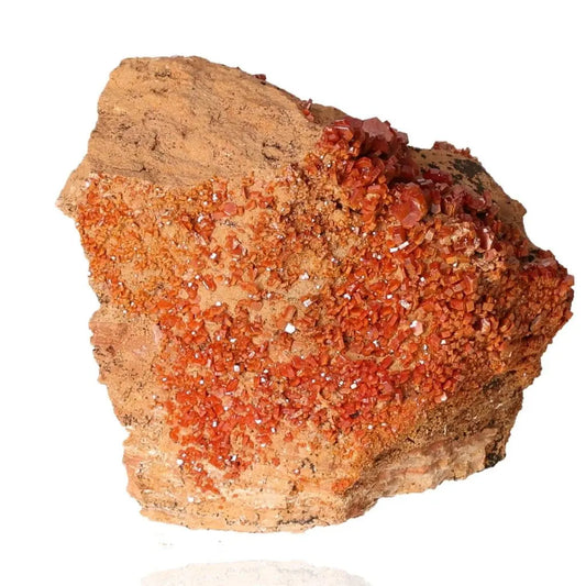 Vanadinite druze crystal in vibrant red-orange hues, ideal for collectors and creatives seeking focus and energy-boosting properties.