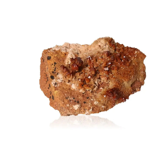 Vibrant vanadinite druze mineral showcasing red-orange crystal formations, ideal for collectors and enhancing creativity and focus.