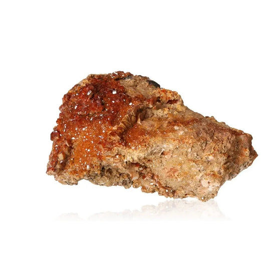 Vanadinite Druze with vibrant red-orange crystal formations, known for boosting focus and creativity, ideal for collectors and creatives.