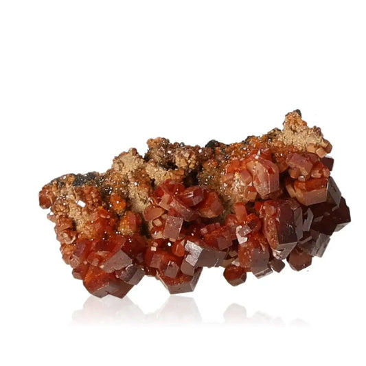 Vanadinite Druze: Vibrant red-orange mineral with unique crystal formations, ideal for focus and creativity in collectors and creatives.