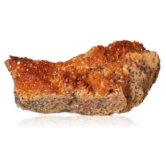 Vibrant Vanadinite Druze showcasing red-orange hues and unique crystal formations, ideal for boosting creativity and focus.