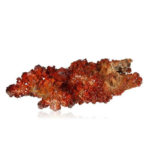 Vanadinite Druze mineral with vibrant red-orange crystals enhancing focus and creativity for collectors and creatives.