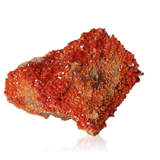Vanadinite druzy crystal with vibrant red-orange hues showcasing unique formations, ideal for collectors seeking focus and creativity.
