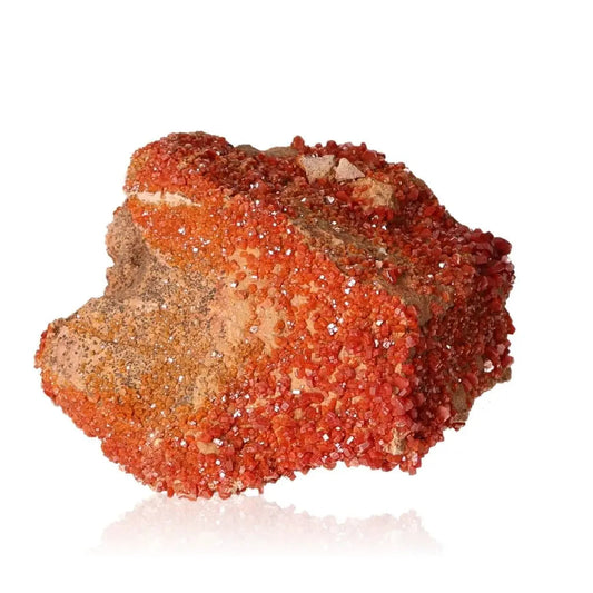 Vanadinite druzy cluster showcasing vibrant red-orange crystals, perfect for enhancing creativity and focus in collectors and creatives.