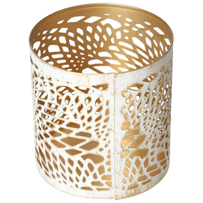 Elegant white metal lantern with intricate design, crafted by Sylvia Crystals, perfect for serene ambiance and spiritual harmony.