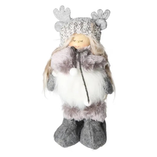 Gray textile winter child doll with knitted hat and fluffy outfit, featuring reindeer antlers and pom-pom details.