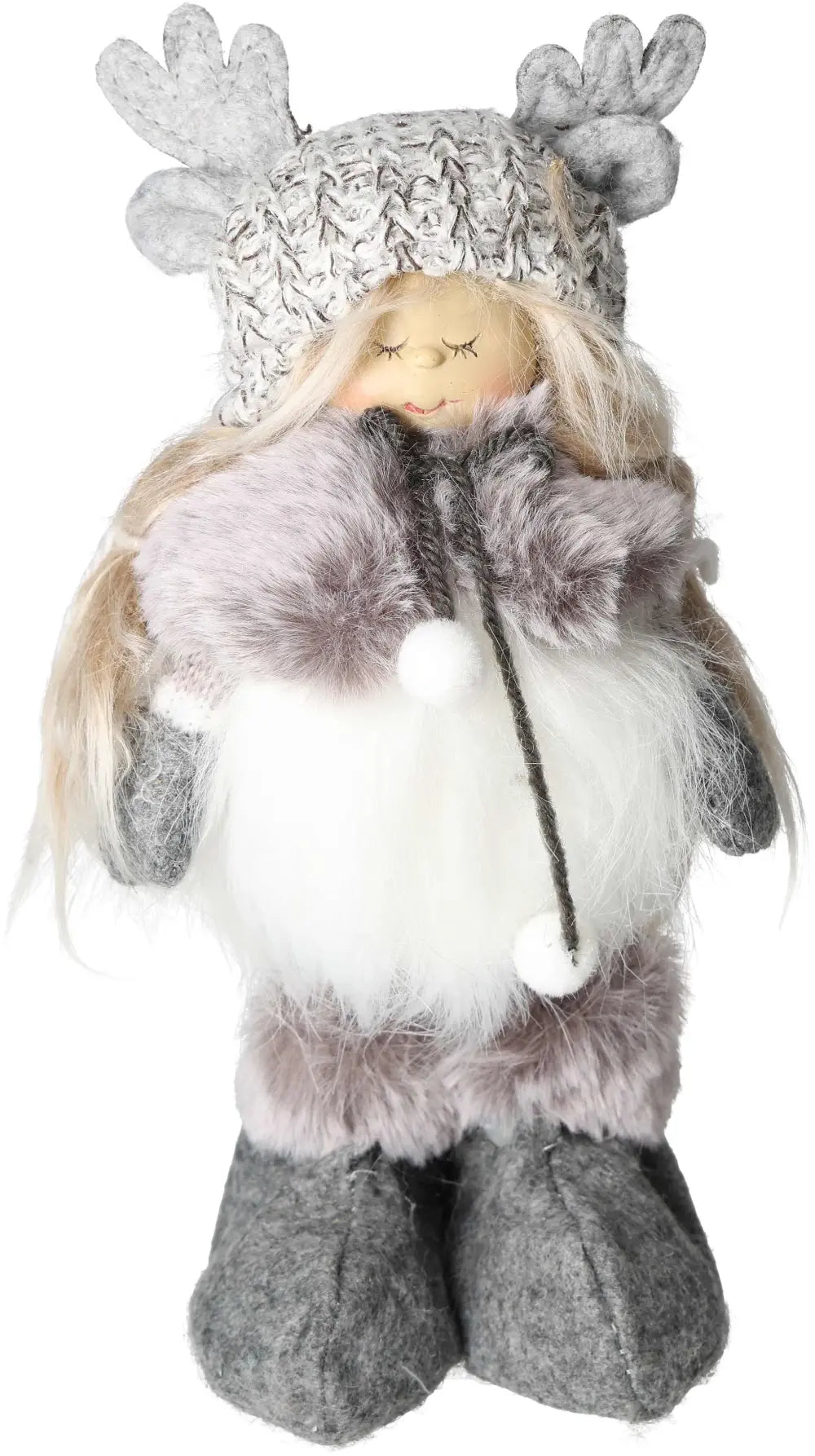 Gray textile winter child decoration with antlers, fur trim, and knitted details, ideal for cozy holiday decor.