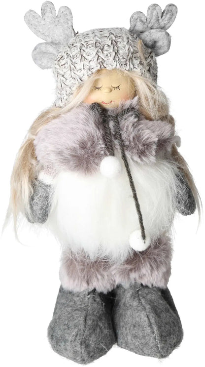Gray textile winter child decoration with antlers, fur trim, and knitted details, ideal for cozy holiday decor.