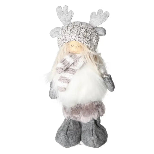 Gray textile winter child figurine with knitted hat and scarf, featuring soft faux fur accents, styled as a whimsical holiday decor item.