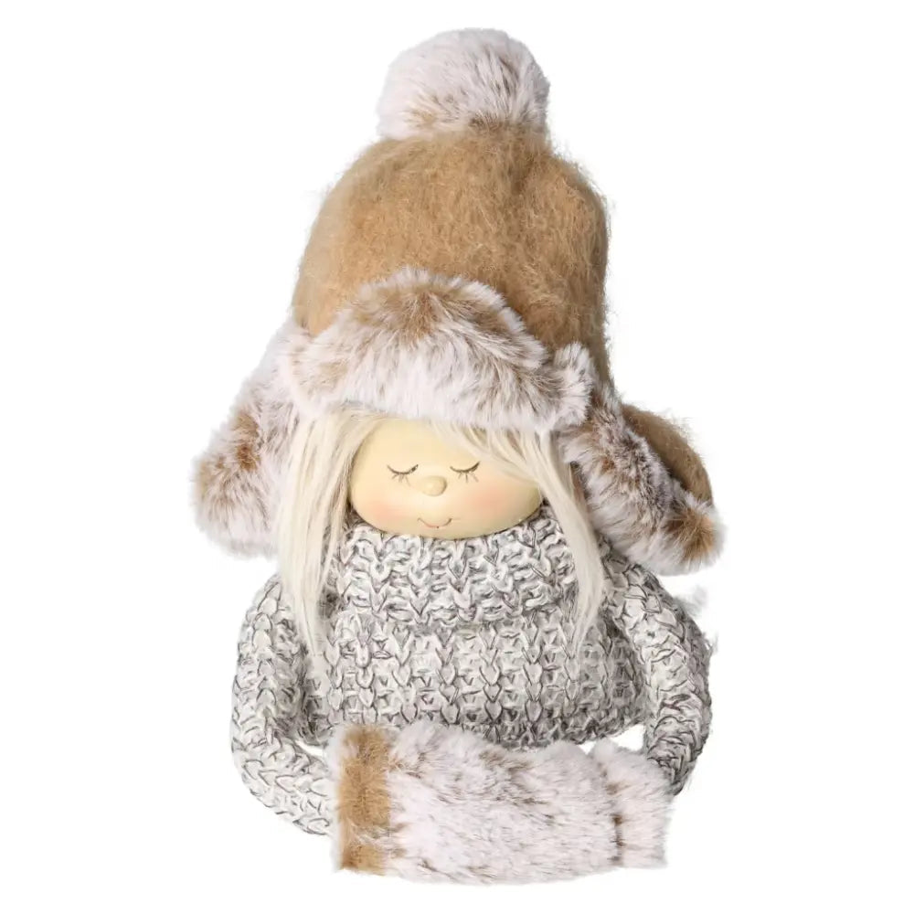 Charming winter decoration figure with knitted look, featuring cozy hat and sweater, embodying warmth and elegance for seasonal decor.