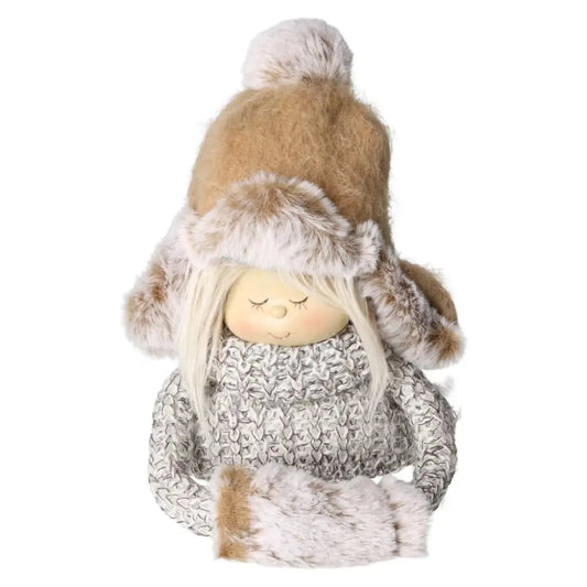 Charming winter decoration figure with knitted look, featuring cozy hat and sweater, embodying warmth and elegance for seasonal decor.