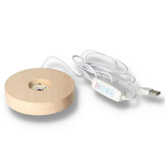 Wooden LED light display with USB power cable and control switch, ideal for ambient lighting solutions in modern interiors.