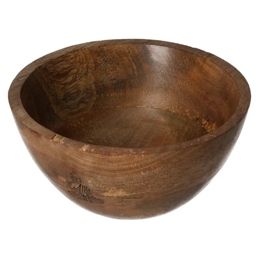 Wooden smudge and ritual bowl with Buddha engraving, 13x7cm, ideal for meditation or offering rituals.