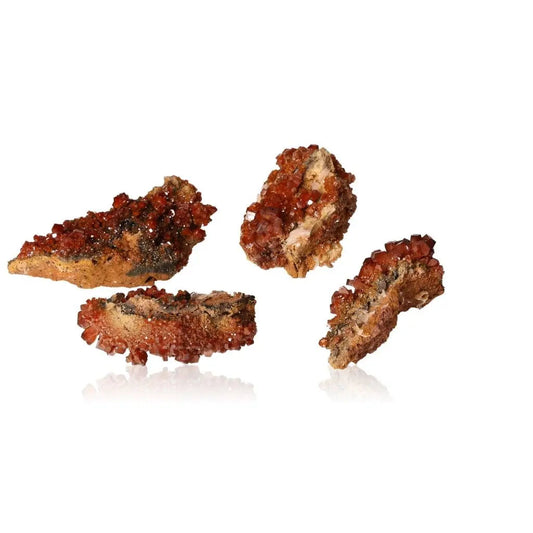 Vanadinite druzes for focus and motivation, ideal for personal transformation and achieving goals, displayed in a set of four.